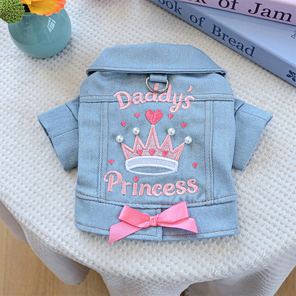 👗 Cute Princess Denim Dog Jacket – Stylish Adjustable Clothing for Small & Medium Dogs, Soft Washed Denim with Bow Accent 🐩✨