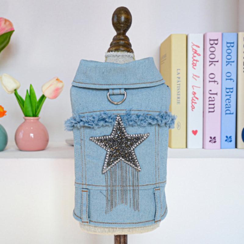👗 Cute Princess Denim Dog Jacket – Stylish Adjustable Clothing for Small & Medium Dogs, Soft Washed Denim with Bow Accent 🐩✨