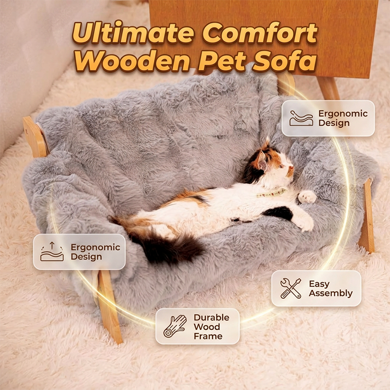 🛋️🐾 Elevated Plush Pet Bed with Wooden Frame – Premium Comfort, Sturdy Natural Wood & Removable Washable Cover ✨