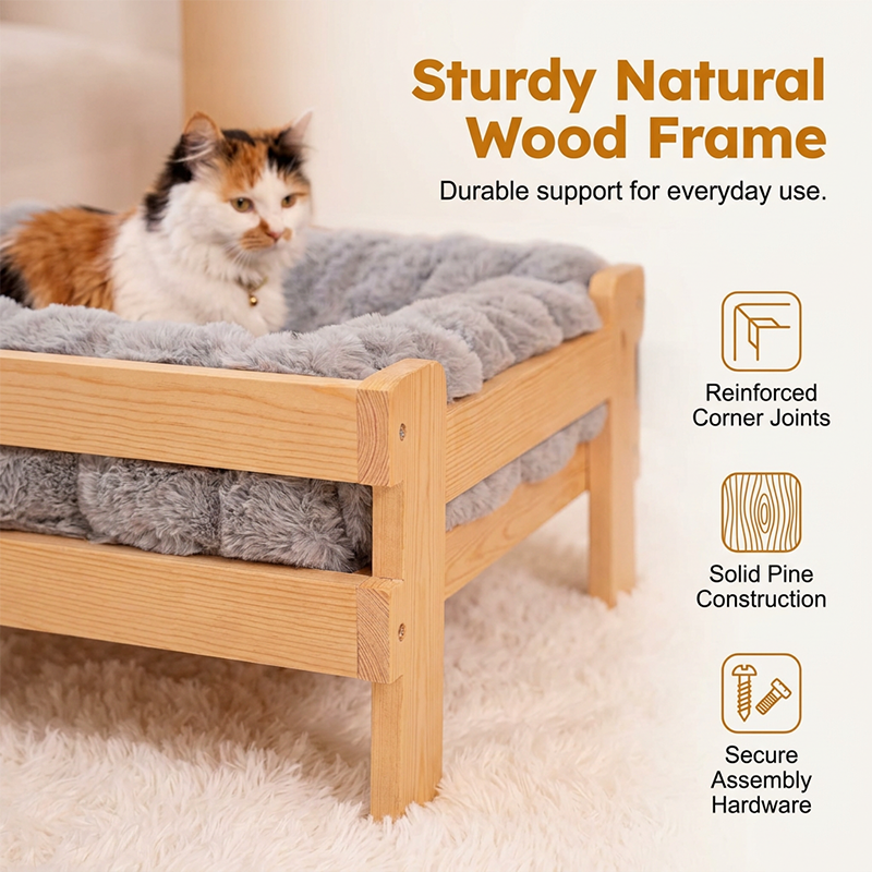 🛋️🐾 Elevated Plush Pet Bed with Wooden Frame – Premium Comfort, Sturdy Natural Wood & Removable Washable Cover ✨