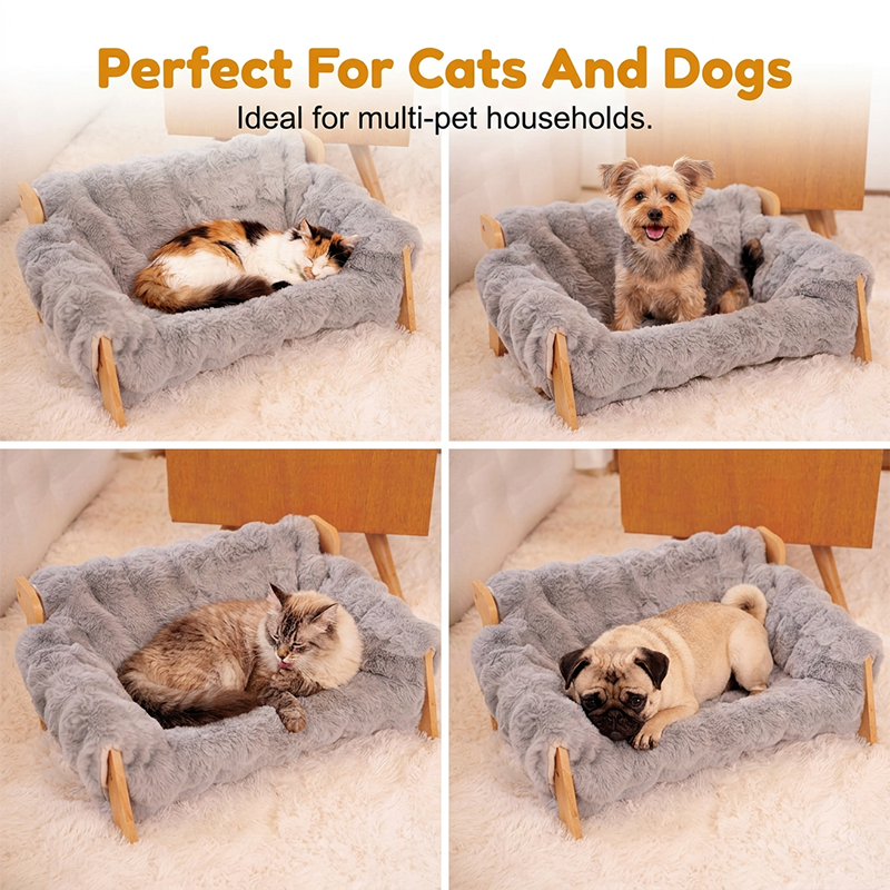🛋️🐾 Elevated Plush Pet Bed with Wooden Frame – Premium Comfort, Sturdy Natural Wood & Removable Washable Cover ✨
