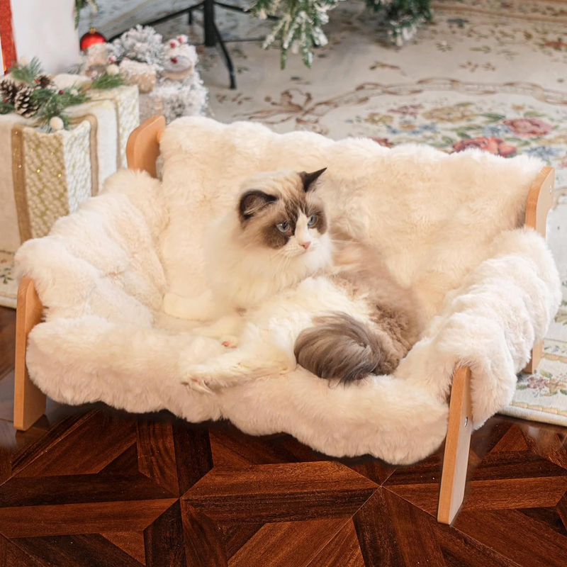 🛋️🐾 Elevated Plush Pet Bed with Wooden Frame – Premium Comfort, Sturdy Natural Wood & Removable Washable Cover ✨