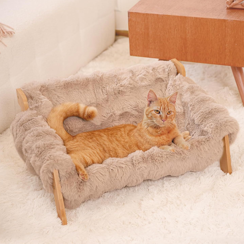 🛋️🐾 Elevated Plush Pet Bed with Wooden Frame – Premium Comfort, Sturdy Natural Wood & Removable Washable Cover ✨