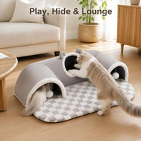🐱🕳️ LIMITED TIME 50% OFF! 🔮 3-in-1 Plush Cat Tunnel & Bed – Three Fun Entrances, Interactive Pom-Pom Toys & Cozy Checkered Mat ✨