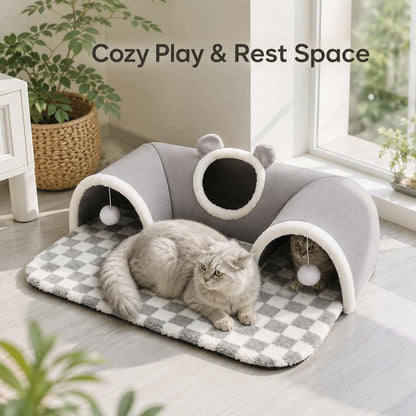 🐱🕳️ LIMITED TIME 50% OFF! 🔮 3-in-1 Plush Cat Tunnel & Bed – Three Fun Entrances, Interactive Pom-Pom Toys & Cozy Checkered Mat ✨