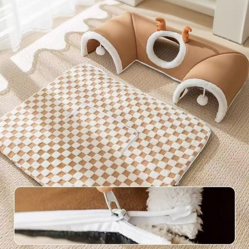 🐱🕳️ LIMITED TIME 50% OFF! 🔮 3-in-1 Plush Cat Tunnel & Bed – Three Fun Entrances, Interactive Pom-Pom Toys & Cozy Checkered Mat ✨