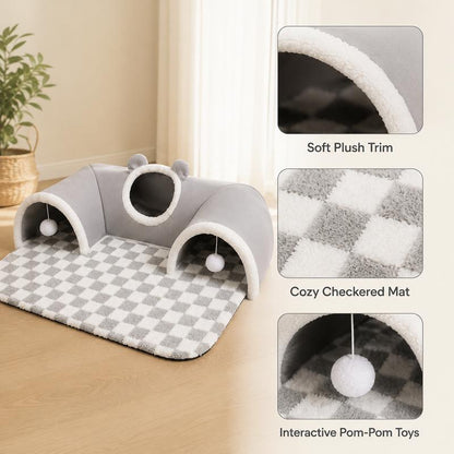 🐱🕳️ LIMITED TIME 50% OFF! 🔮 3-in-1 Plush Cat Tunnel & Bed – Three Fun Entrances, Interactive Pom-Pom Toys & Cozy Checkered Mat ✨