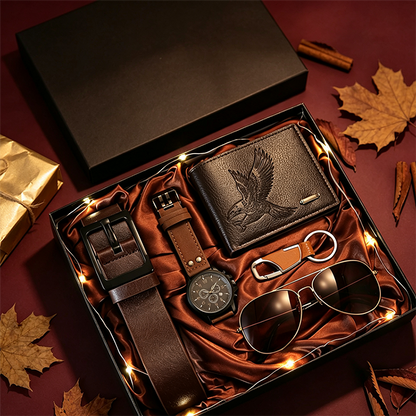 📢📢50% OFF !! ⏰Men's 7-Piece Gift Set with Watch Wallet Belt Sunglasses Keychain