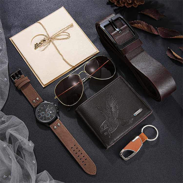 📢📢50% OFF !! ⏰Men's 7-Piece Gift Set with Watch Wallet Belt Sunglasses Keychain
