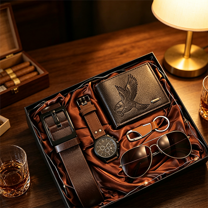 📢📢50% OFF !! ⏰Men's 7-Piece Gift Set with Watch Wallet Belt Sunglasses Keychain