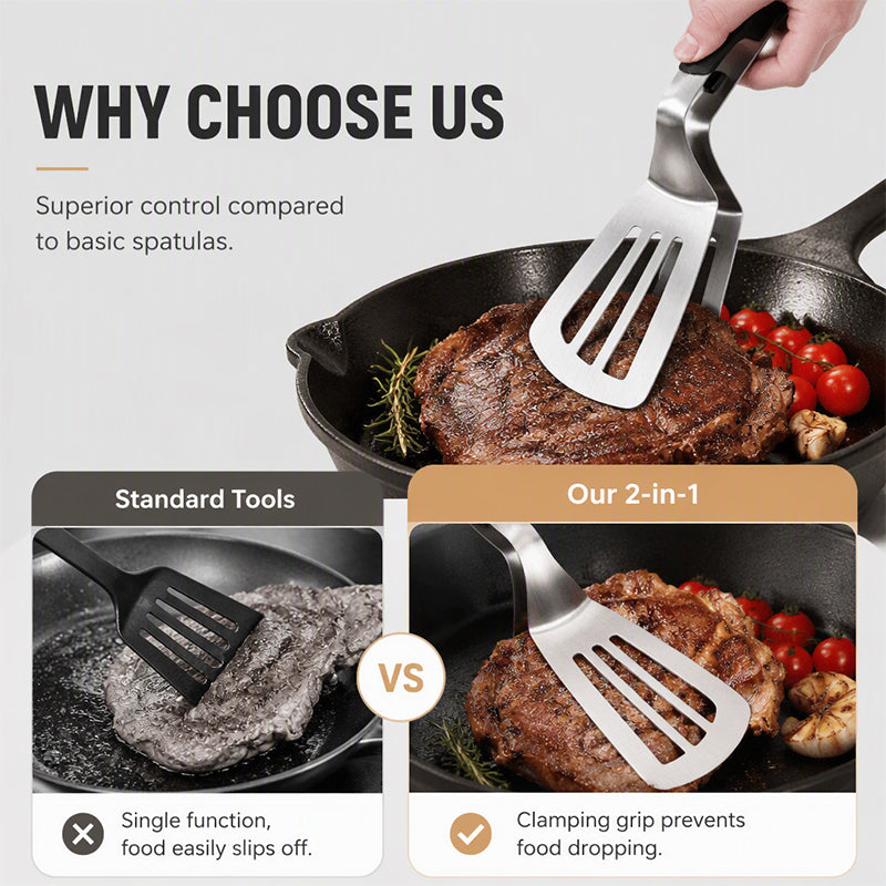 🍳 LIMITED-TIME 50% OFF! 🔥 2-in-1 Stainless Steel Food Spatula Tong – Efficient Oil Drainage, Comfort Grip & One-Hand Sliding Lock – Versatile Kitchen Essential ✨