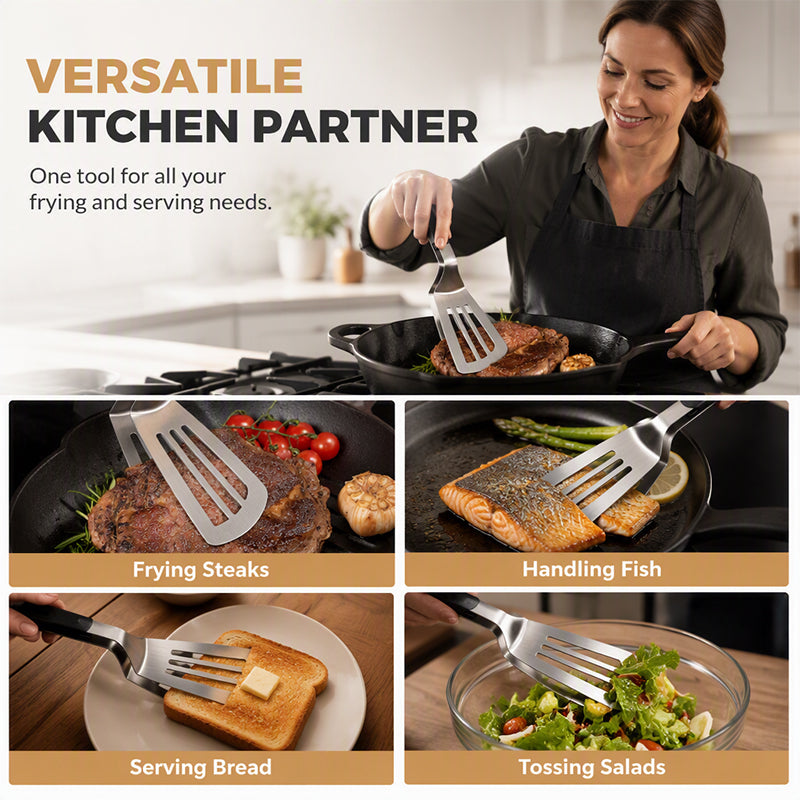 🍳 LIMITED-TIME 50% OFF! 🔥 2-in-1 Stainless Steel Food Spatula Tong – Efficient Oil Drainage, Comfort Grip & One-Hand Sliding Lock – Versatile Kitchen Essential ✨