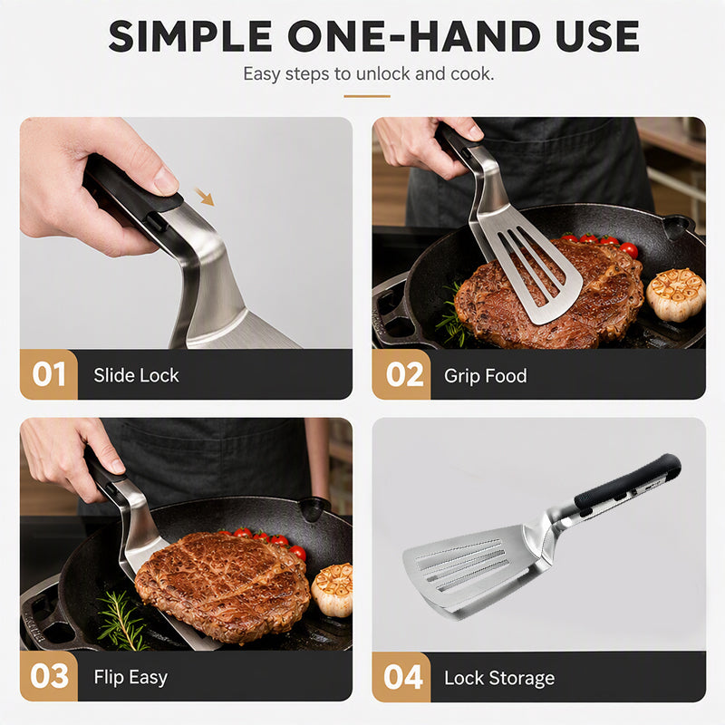 🍳 LIMITED-TIME 50% OFF! 🔥 2-in-1 Stainless Steel Food Spatula Tong – Efficient Oil Drainage, Comfort Grip & One-Hand Sliding Lock – Versatile Kitchen Essential ✨