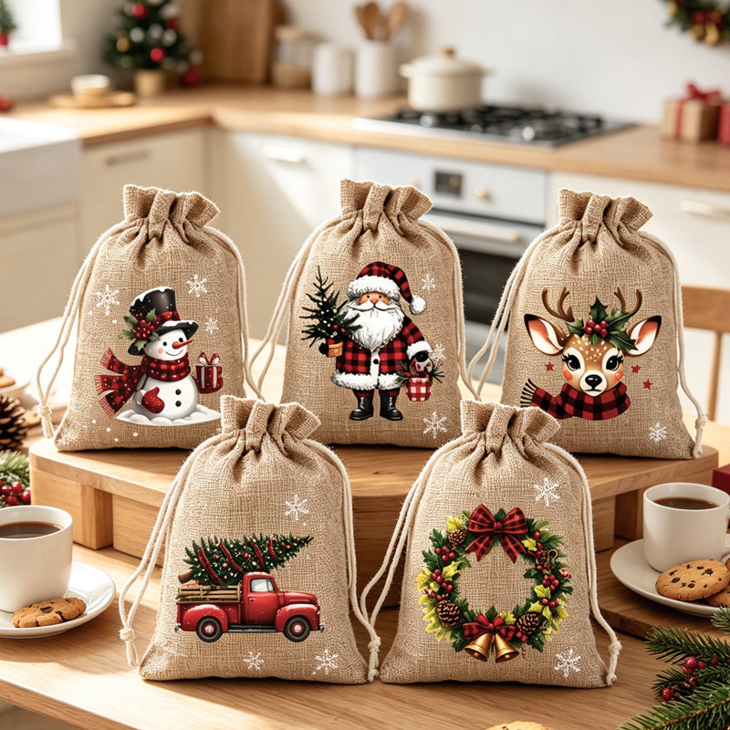 Christmas Drawstring Gift Bags – Festive Santa & Reindeer Prints, Double Drawstring Closure & Durable Fabric – Holiday Cheer in Every Gift ✨