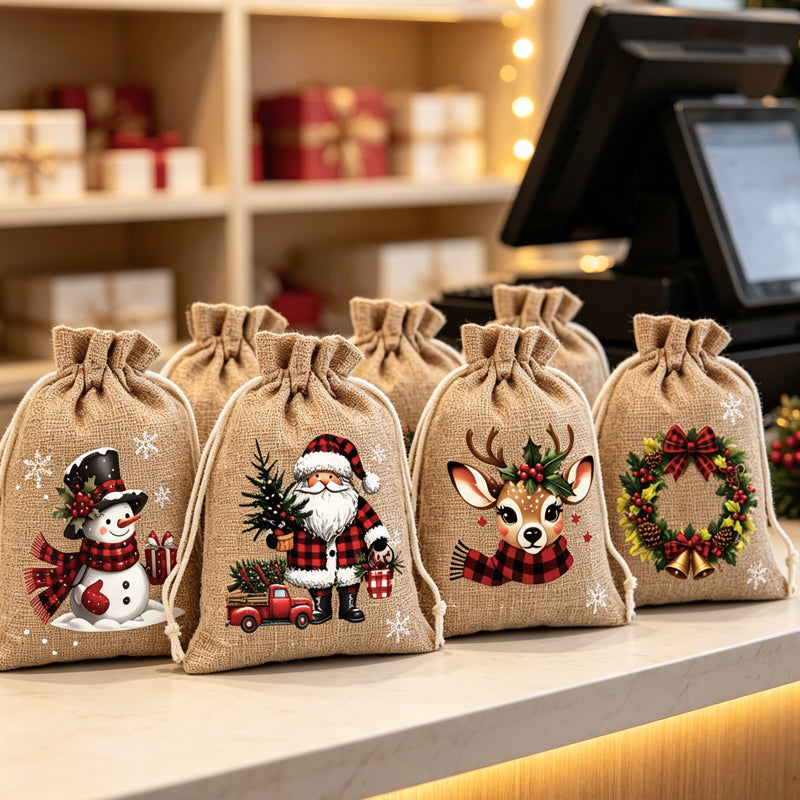 Christmas Drawstring Gift Bags – Festive Santa & Reindeer Prints, Double Drawstring Closure & Durable Fabric – Holiday Cheer in Every Gift ✨