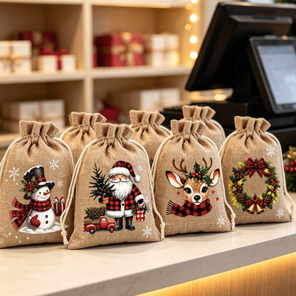 Christmas Drawstring Gift Bags – Festive Santa & Reindeer Prints, Double Drawstring Closure & Durable Fabric – Holiday Cheer in Every Gift ✨
