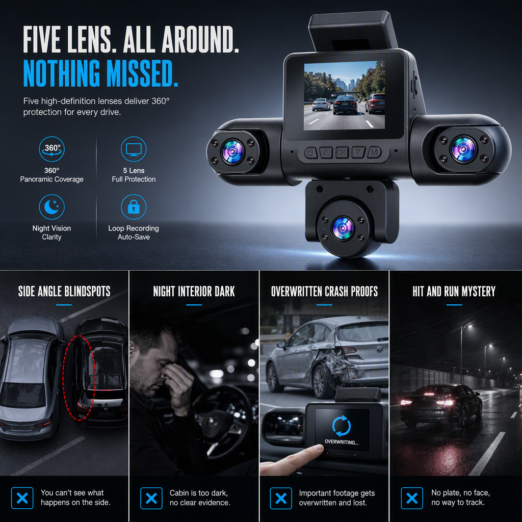 4K 360 Degree Panoramic Car Dash Cam with 5 Cameras Hidden Driving Recorder and Vehicle Monitoring System