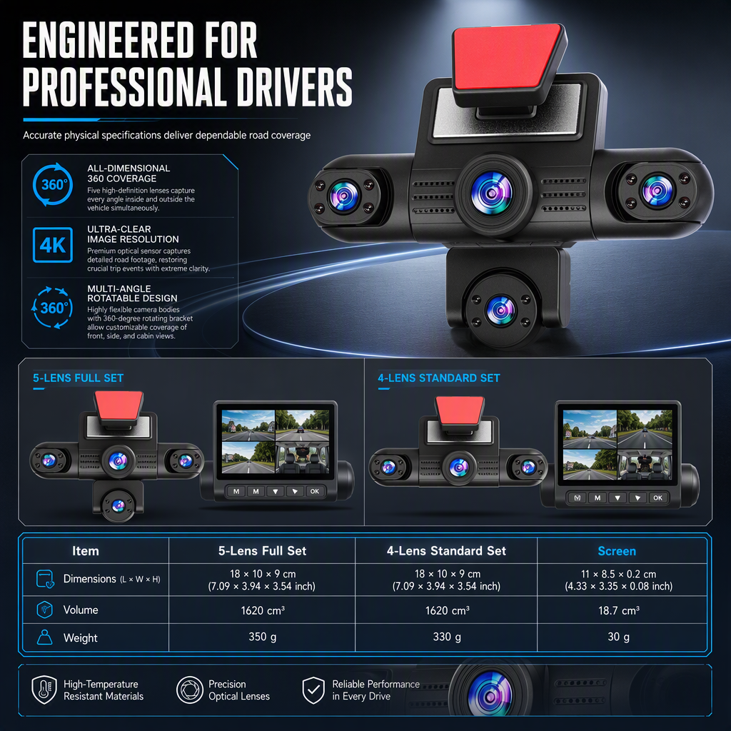4K 360 Degree Panoramic Car Dash Cam with 5 Cameras Hidden Driving Recorder and Vehicle Monitoring System