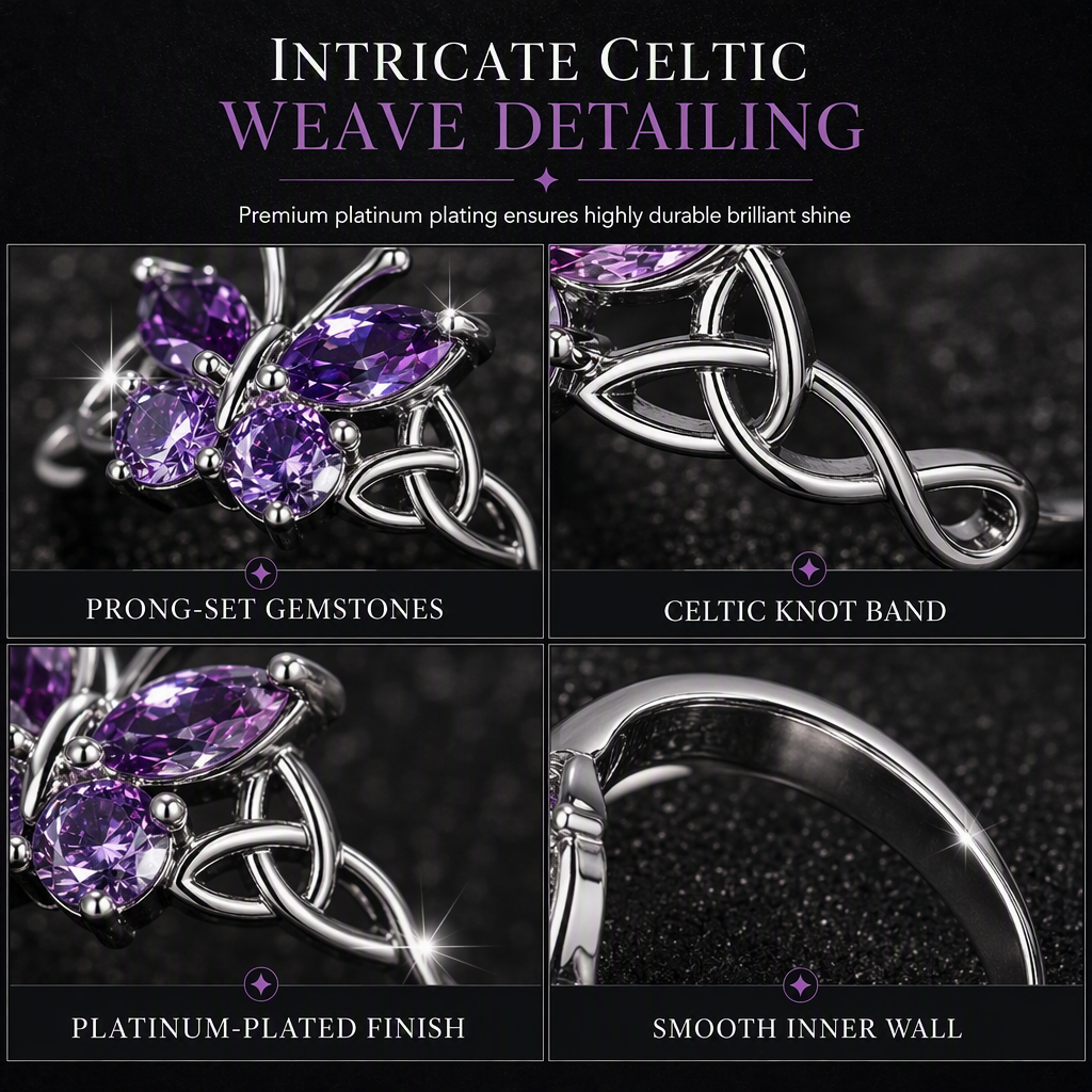 🦋 50% OFF! ✨ Korean Style Sweet & Cool Butterfly Ring for Women – Vibrant Purple Gemstones, Intricate Celtic Weave & Platinum Color – Elegant Daily Luxury 💜