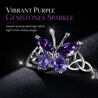 🦋 50% OFF! ✨ Korean Style Sweet & Cool Butterfly Ring for Women – Vibrant Purple Gemstones, Intricate Celtic Weave & Platinum Color – Elegant Daily Luxury 💜