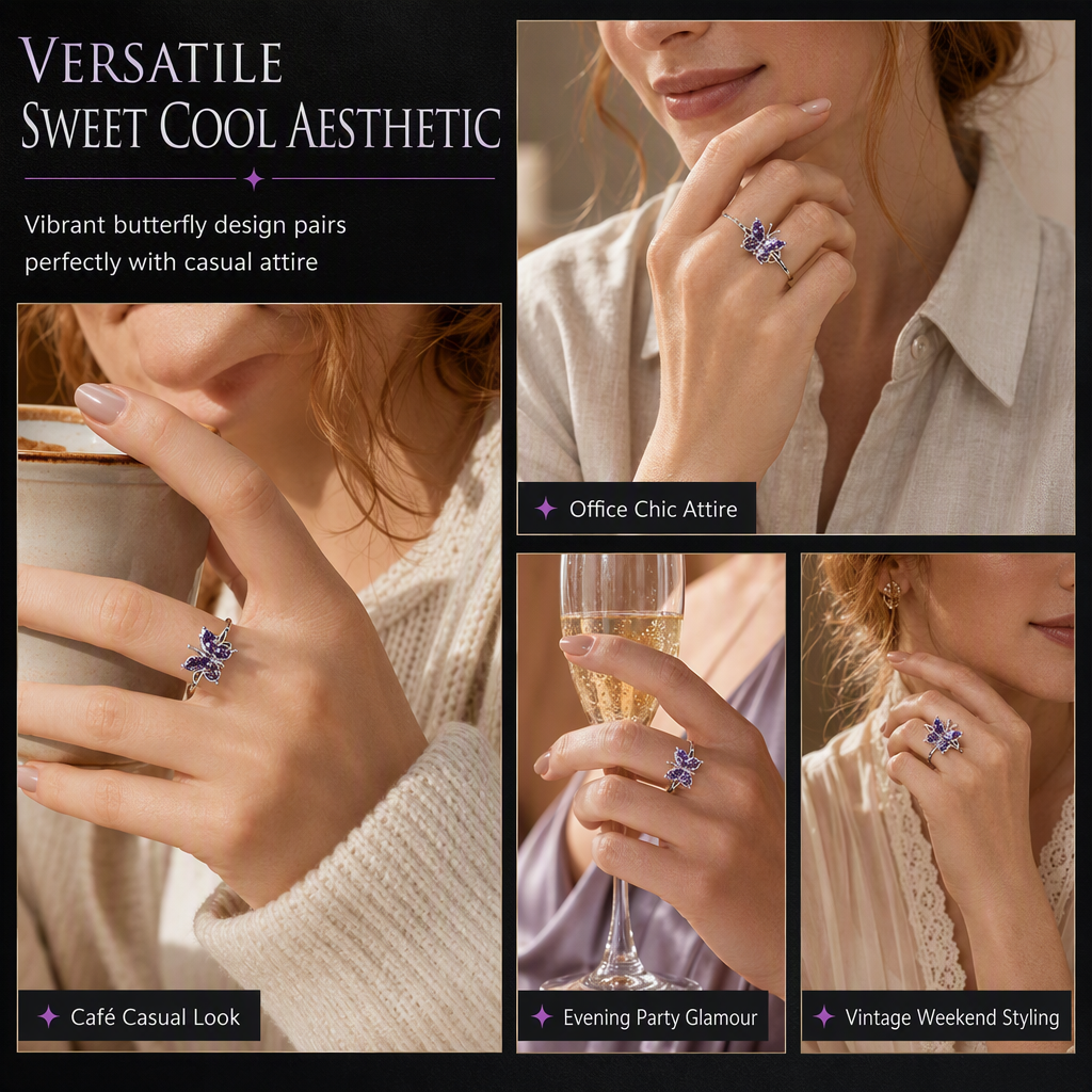 🦋 50% OFF! ✨ Korean Style Sweet & Cool Butterfly Ring for Women – Vibrant Purple Gemstones, Intricate Celtic Weave & Platinum Color – Elegant Daily Luxury 💜