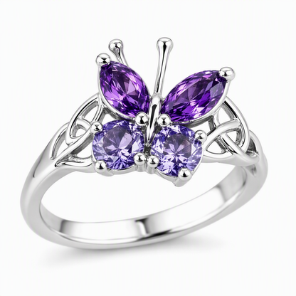 🦋 50% OFF! ✨ Korean Style Sweet & Cool Butterfly Ring for Women – Vibrant Purple Gemstones, Intricate Celtic Weave & Platinum Color – Elegant Daily Luxury 💜