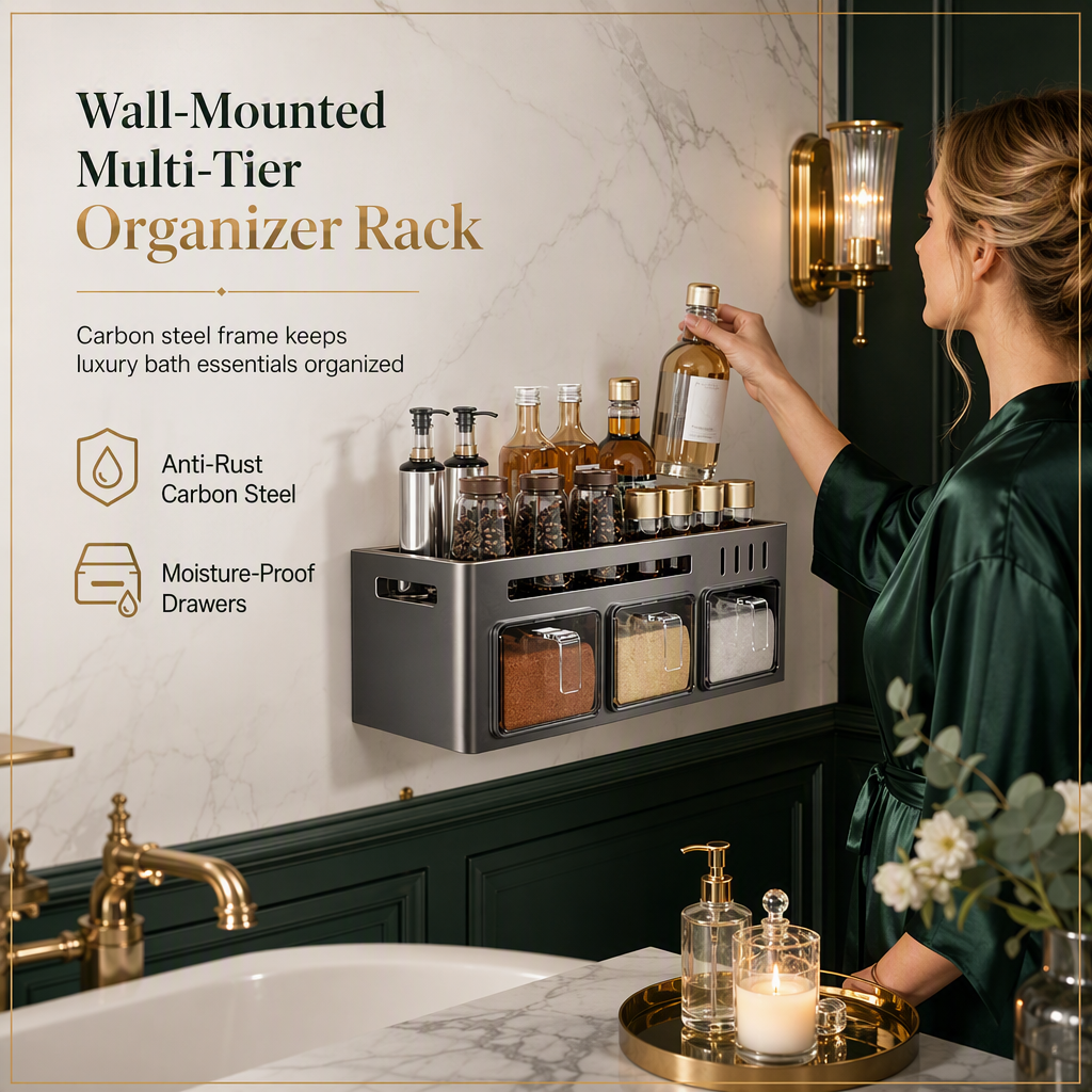 No-Drill Wall-Mounted Kitchen Spice Rack and Seasoning Organizer Box with Condiment Jars and Spoons