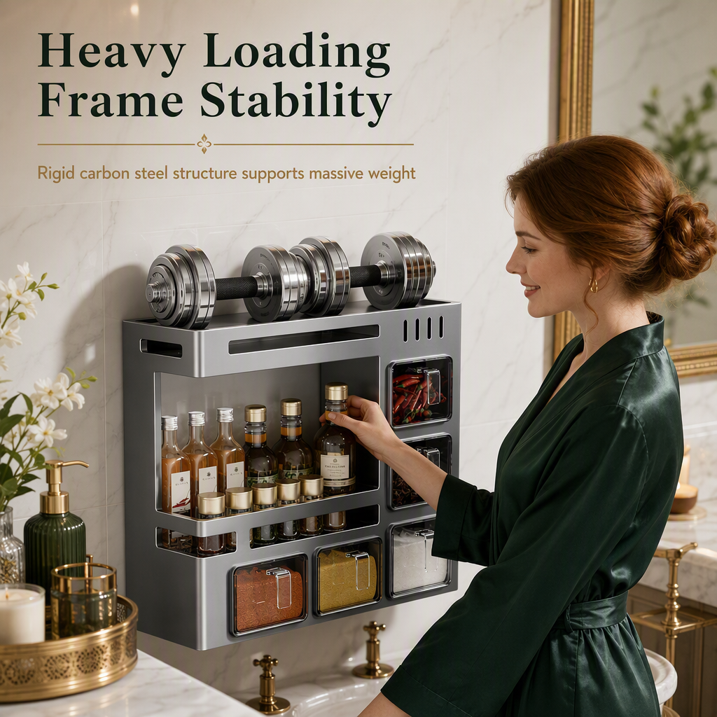No-Drill Wall-Mounted Kitchen Spice Rack and Seasoning Organizer Box with Condiment Jars and Spoons