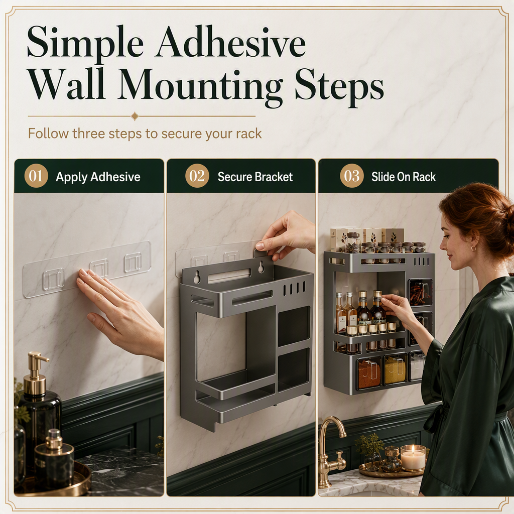 No-Drill Wall-Mounted Kitchen Spice Rack and Seasoning Organizer Box with Condiment Jars and Spoons