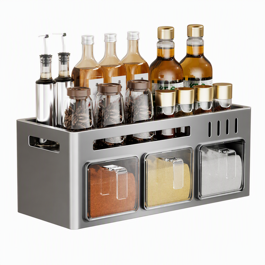 No-Drill Wall-Mounted Kitchen Spice Rack and Seasoning Organizer Box with Condiment Jars and Spoons