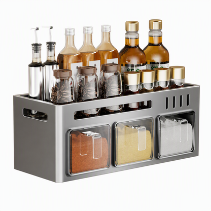 No-Drill Wall-Mounted Kitchen Spice Rack and Seasoning Organizer Box with Condiment Jars and Spoons