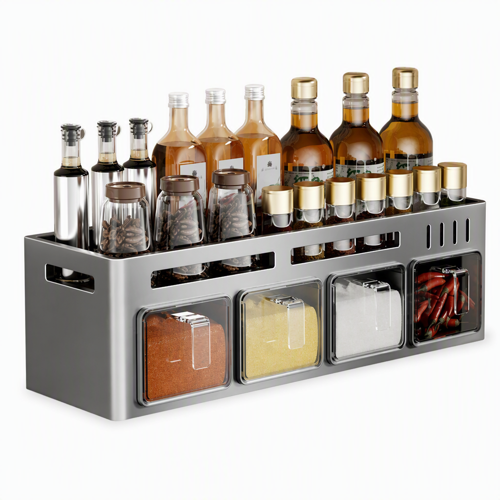 No-Drill Wall-Mounted Kitchen Spice Rack and Seasoning Organizer Box with Condiment Jars and Spoons