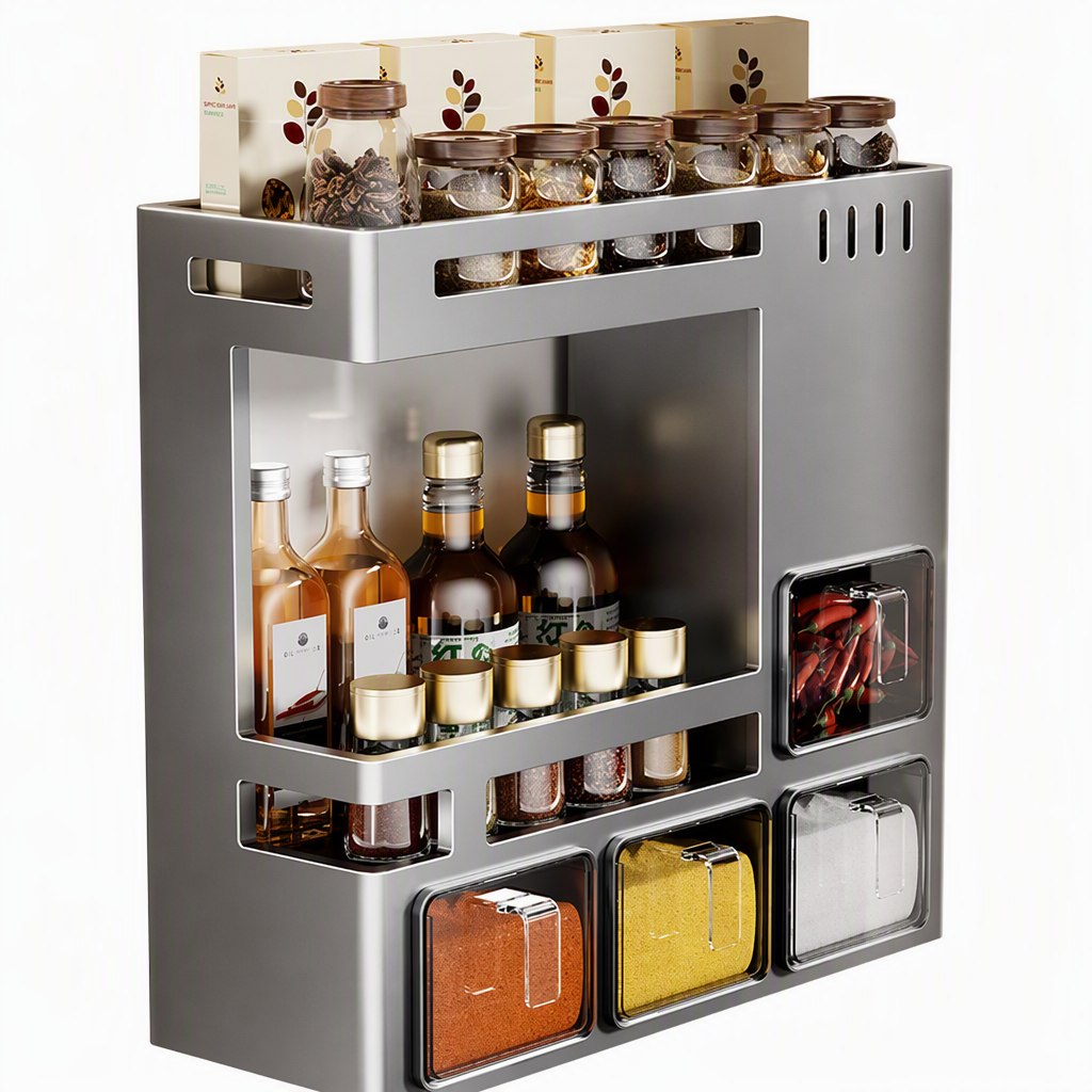 No-Drill Wall-Mounted Kitchen Spice Rack and Seasoning Organizer Box with Condiment Jars and Spoons