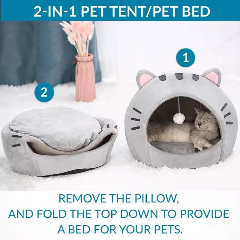 📢📢50% OFF !! ⏰2-in-1 Pet Tent & Bed – Convertible cat cave with removable cushion, spacious for cats & small dogs.