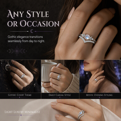 Vintage Gothic Crescent Moon Moonstone Ring with Platinum Plated V Shaped Prong Setting