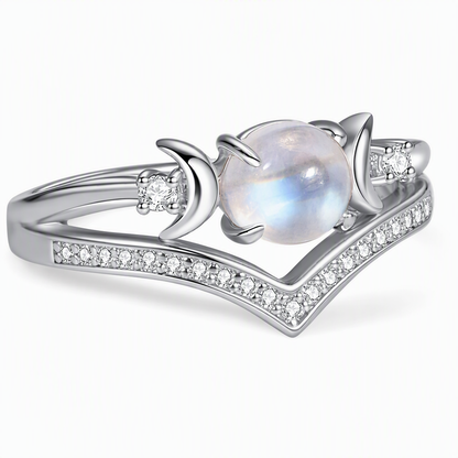 Vintage Gothic Crescent Moon Moonstone Ring with Platinum Plated V Shaped Prong Setting