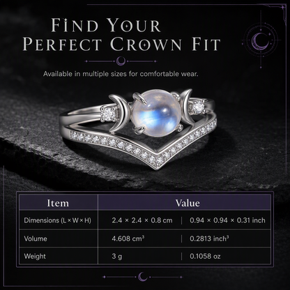 Vintage Gothic Crescent Moon Moonstone Ring with Platinum Plated V Shaped Prong Setting