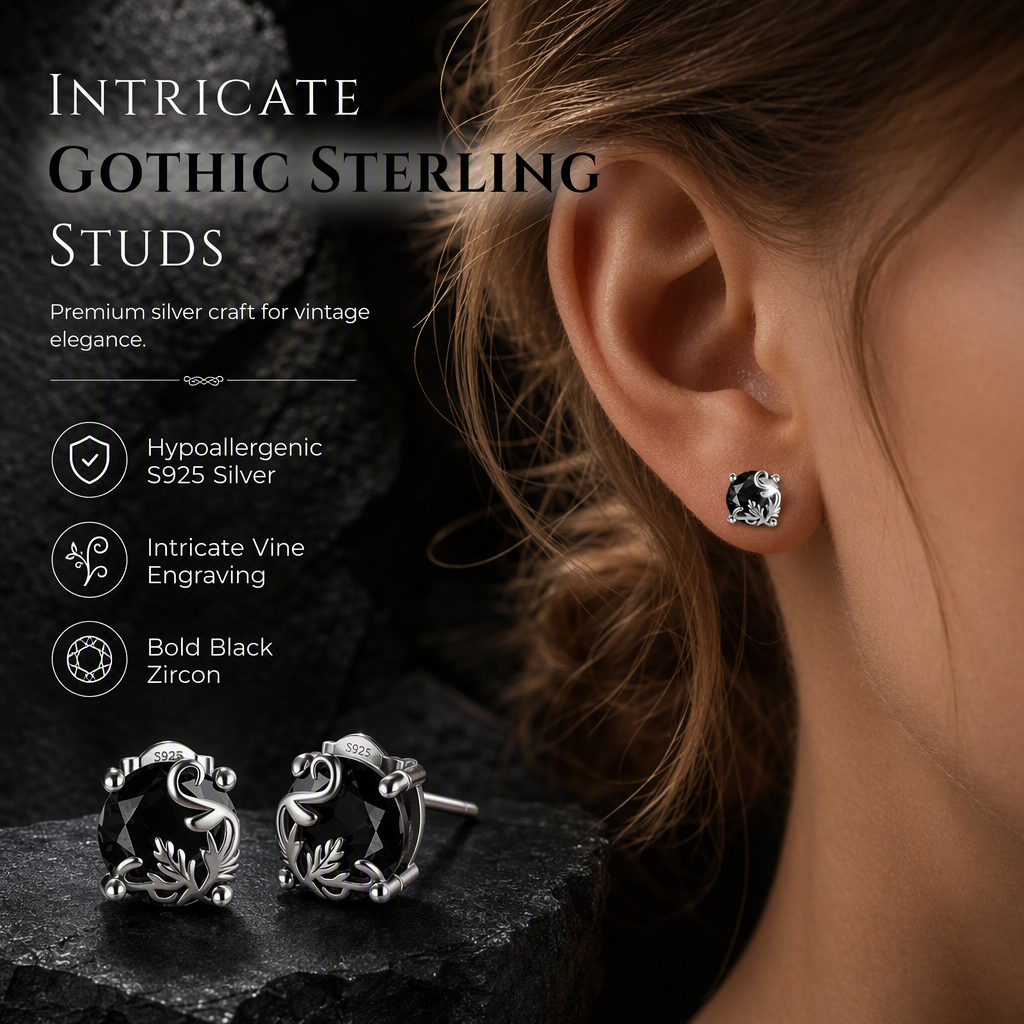 1 Pair of Silver Tone Gothic Vine Pattern Round Stud Earrings with Black Cubic Zirconia