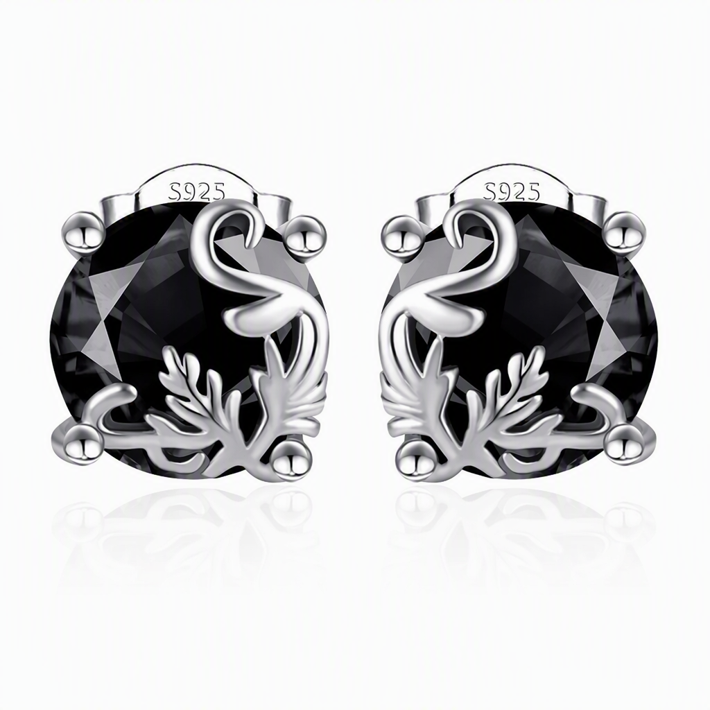 1 Pair of Silver Tone Gothic Vine Pattern Round Stud Earrings with Black Cubic Zirconia