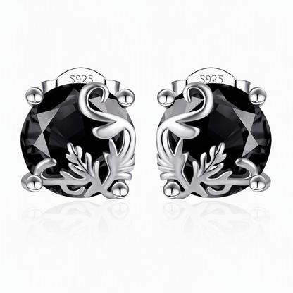 1 Pair of Silver Tone Gothic Vine Pattern Round Stud Earrings with Black Cubic Zirconia