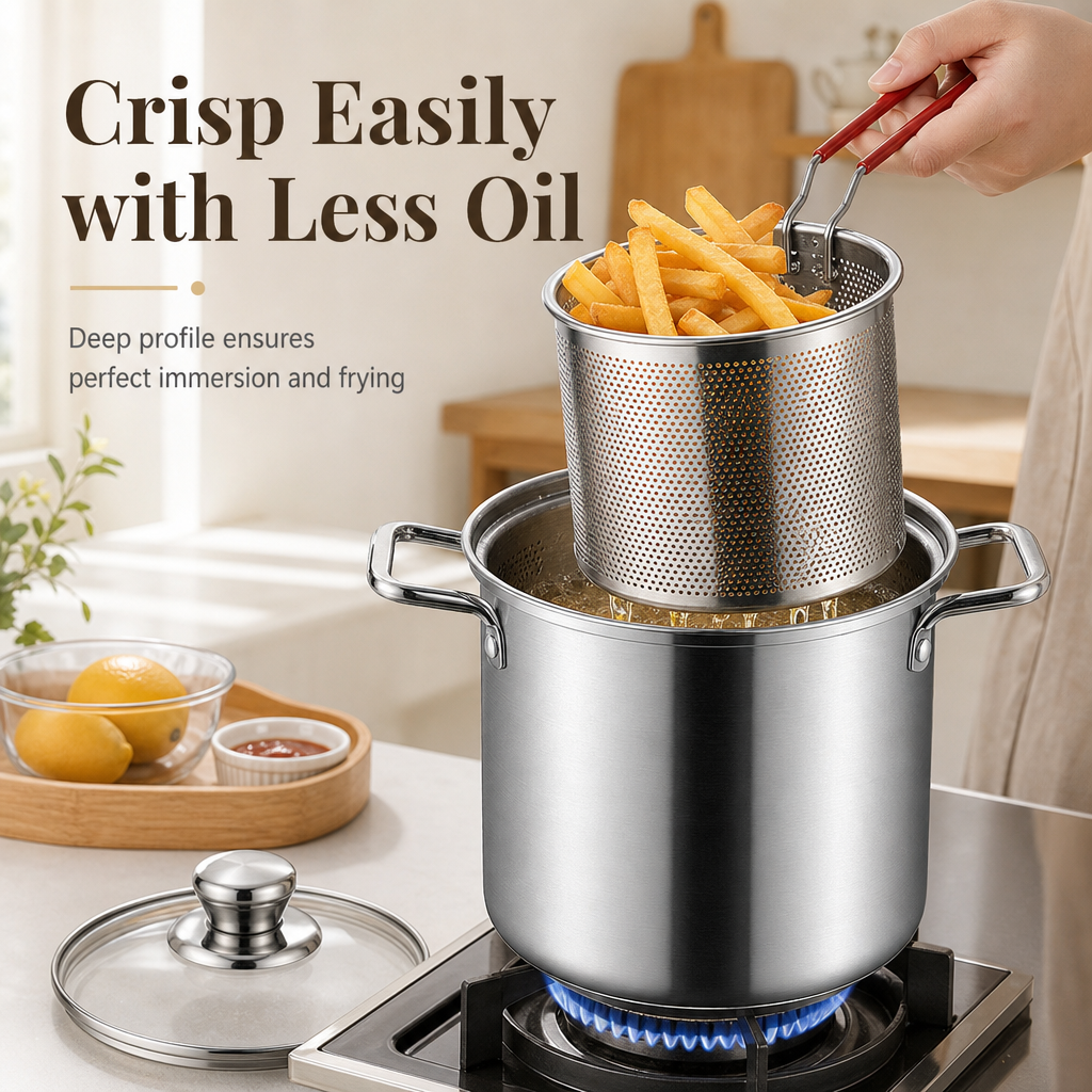 304 Stainless Steel Mini Deep Fryer Pot with Frying Basket and Lid Multifunctional Household Small Frying Pot and Baby Food Milk Pot