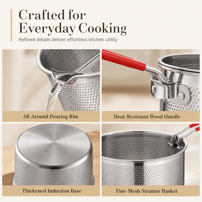 304 Stainless Steel Mini Deep Fryer Pot with Frying Basket and Lid Multifunctional Household Small Frying Pot and Baby Food Milk Pot