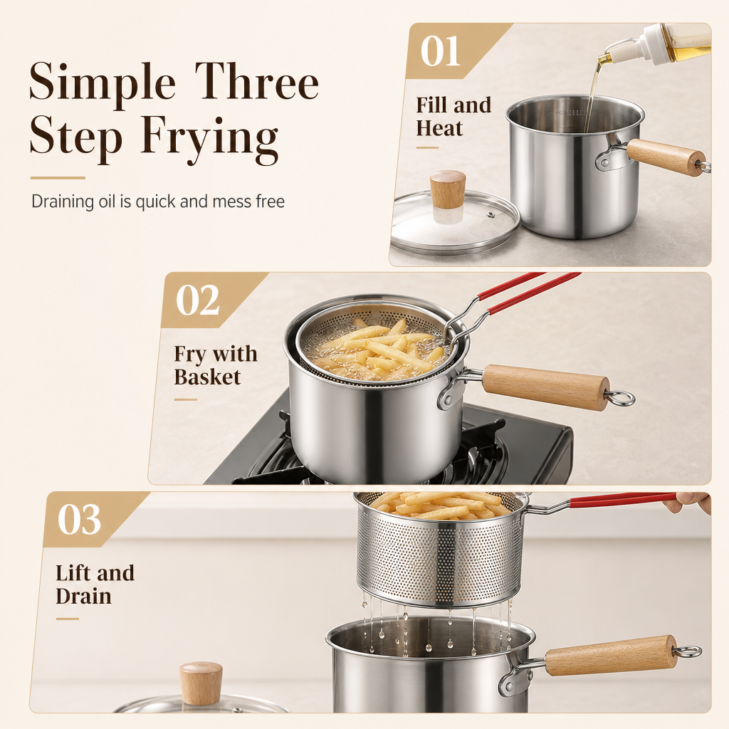 304 Stainless Steel Mini Deep Fryer Pot with Frying Basket and Lid Multifunctional Household Small Frying Pot and Baby Food Milk Pot