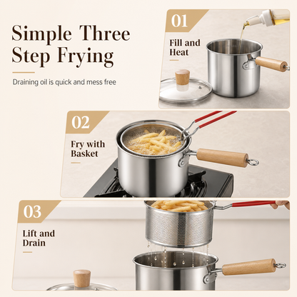 304 Stainless Steel Mini Deep Fryer Pot with Frying Basket and Lid Multifunctional Household Small Frying Pot and Baby Food Milk Pot