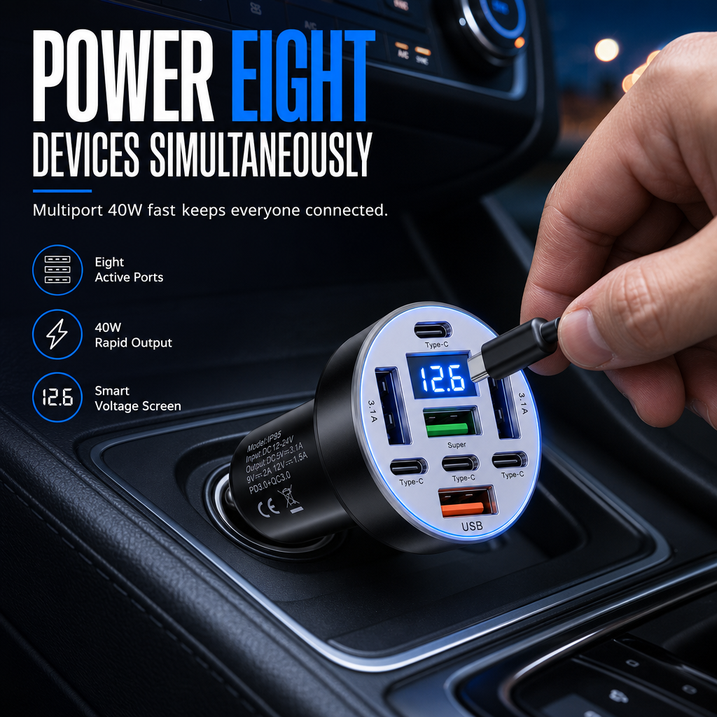 40W 8 in 1 Fast Car Adapter with Digital Voltage Display 4 USB and 4 PD Ports