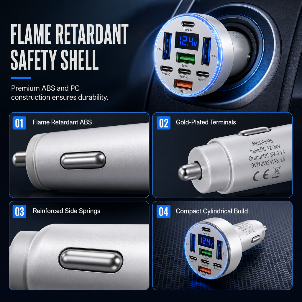 40W 8 in 1 Fast Car Adapter with Digital Voltage Display 4 USB and 4 PD Ports