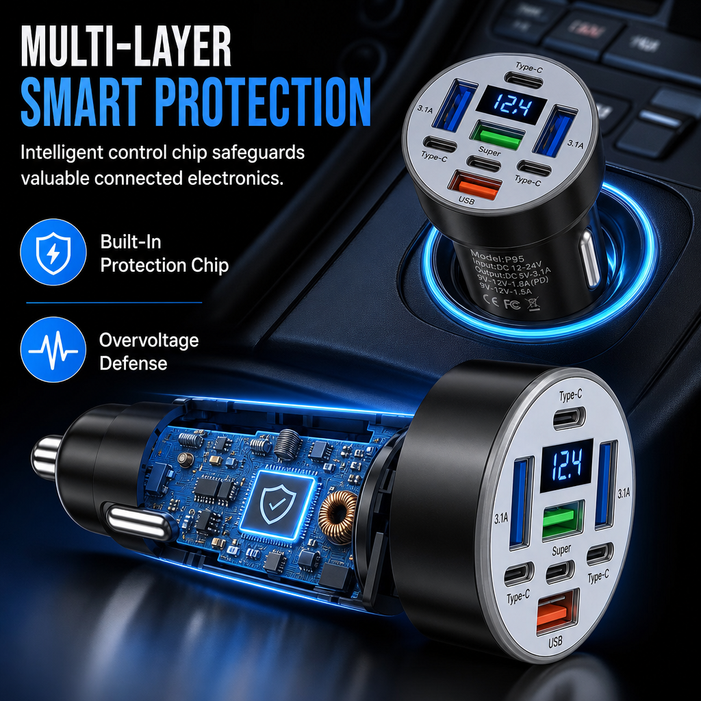 40W 8 in 1 Fast Car Adapter with Digital Voltage Display 4 USB and 4 PD Ports