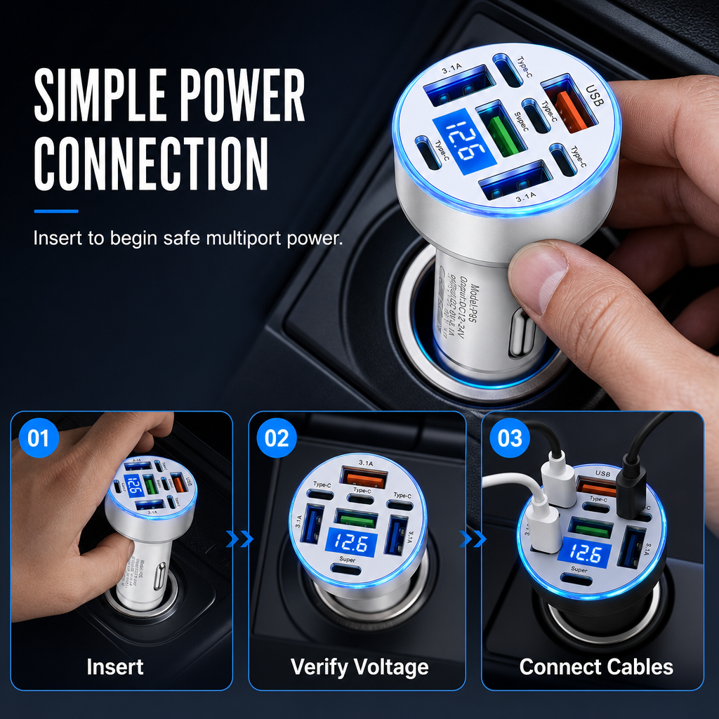 40W 8 in 1 Fast Car Adapter with Digital Voltage Display 4 USB and 4 PD Ports