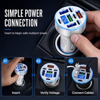 40W 8 in 1 Fast Car Adapter with Digital Voltage Display 4 USB and 4 PD Ports
