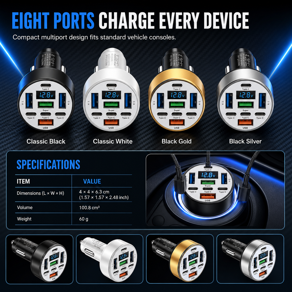 40W 8 in 1 Fast Car Adapter with Digital Voltage Display 4 USB and 4 PD Ports